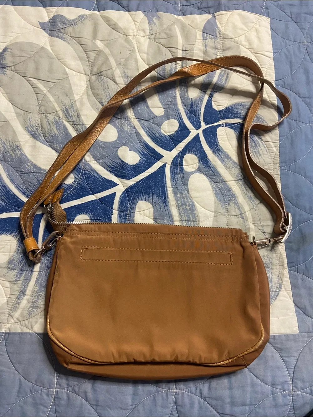BRIGHTON Golden Brown Patent Leather Trim Nylon Crossbody Bag